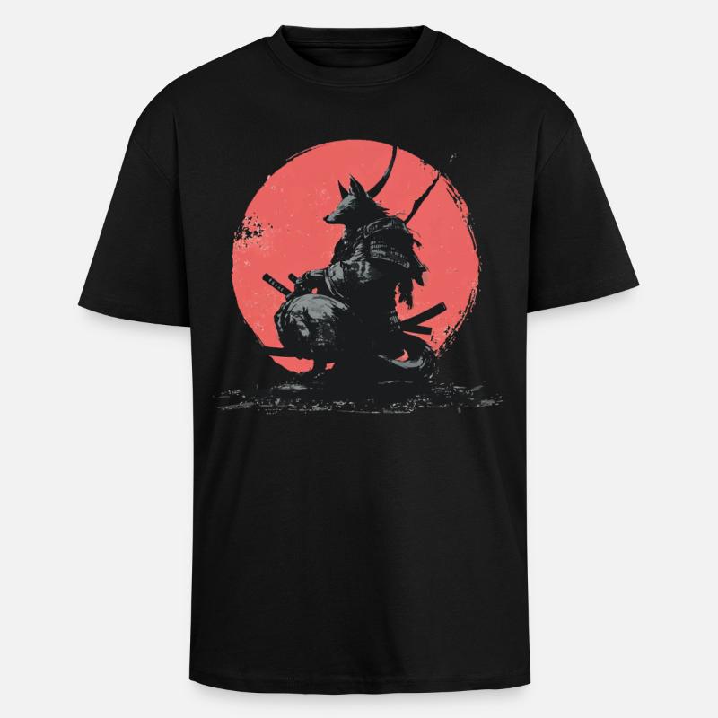 Wolf Samurai on Red Sun - Unisex Oversized Heavyweight T-shirt - black