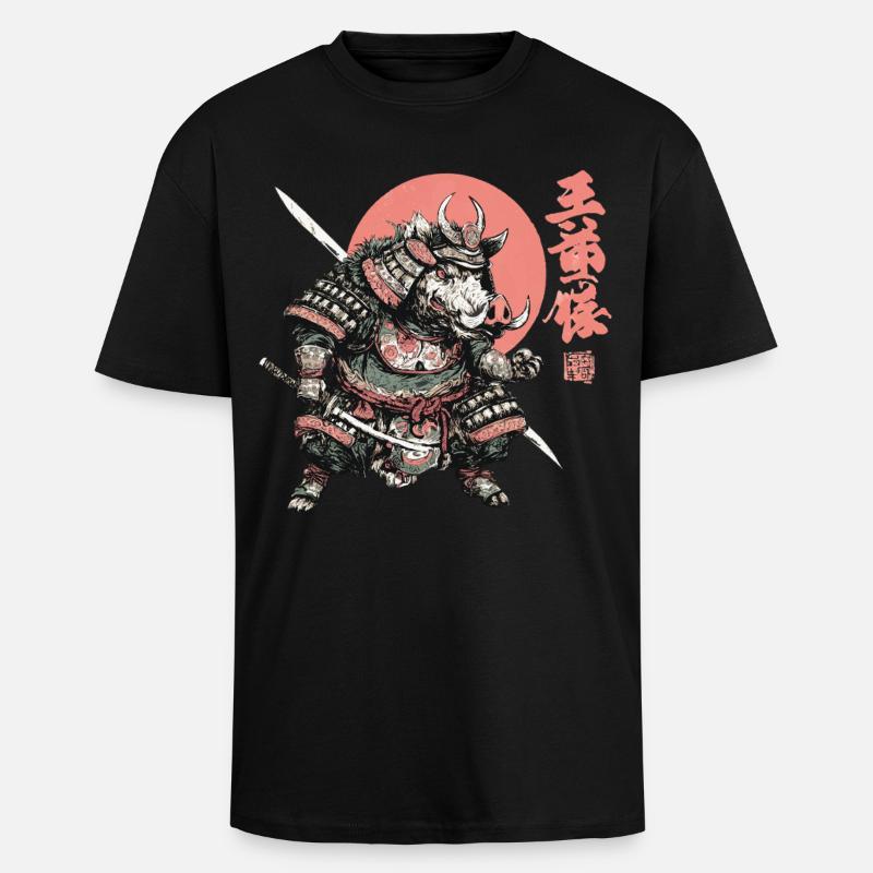 Boar Samurai under Crimson Sun - Unisex Oversized Heavyweight T-shirt - black