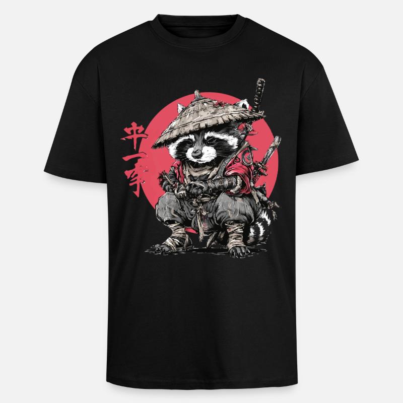 Waschbär-Samurai im Roten Kreis - Oversized Heavyweight Unisex T-Shirt - Schwarz