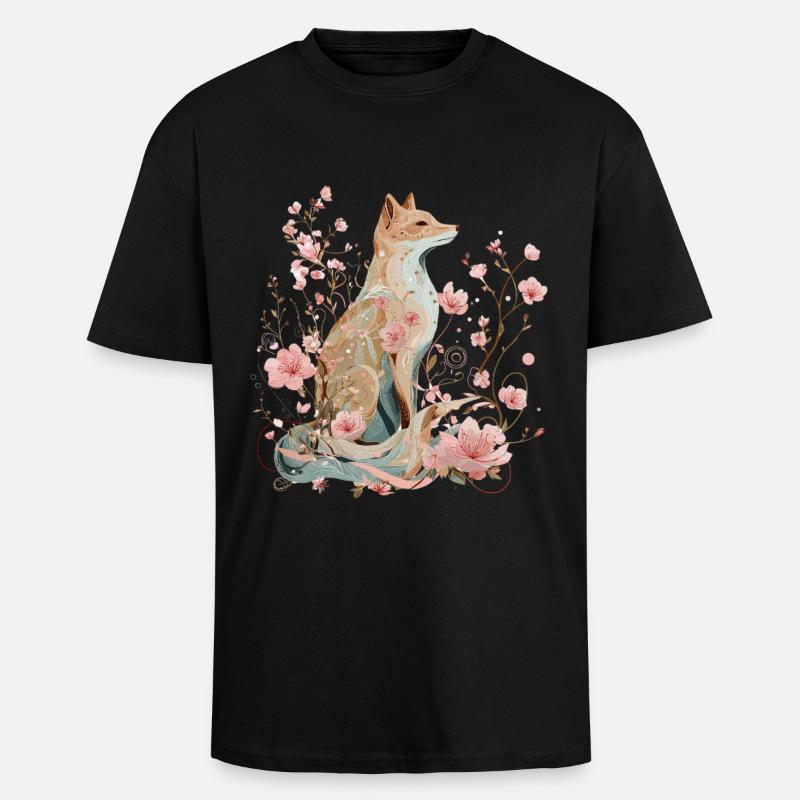 Blossom Fox - Spring in Harmony - Unisex Oversized Heavyweight T-shirt - black