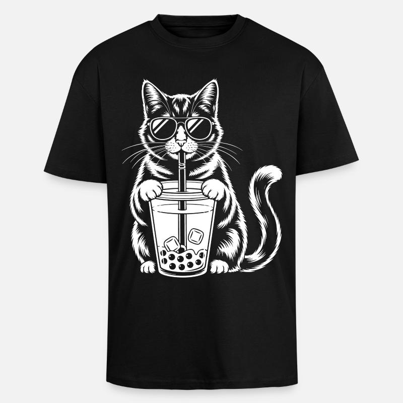 Katze mit Bubble Tee - Oversized Heavyweight Unisex T-Shirt - Schwarz