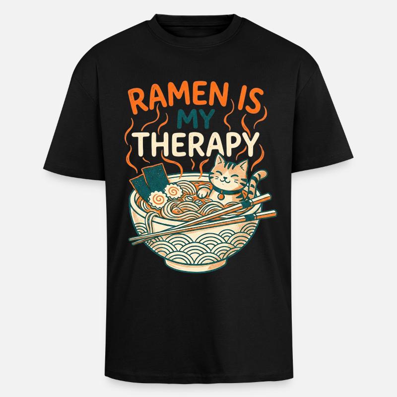 Ramen Therapy Cat - T-shirt unisexe oversize épais - noir