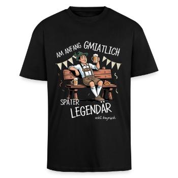 Bayrisch gmiatlich später legendär – Sprüche - Oversized Heavyweight Unisex T-Shirt - Schwarz - Vorne - Alina (178cm) & Michal (187cm)