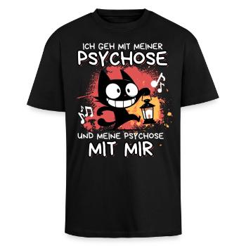 Psychose mit mir – Schwarze Katze mit Wahnsinn - Oversized Heavyweight Unisex T-Shirt - Schwarz - Vorne - Alina (178cm) & Michal (187cm)