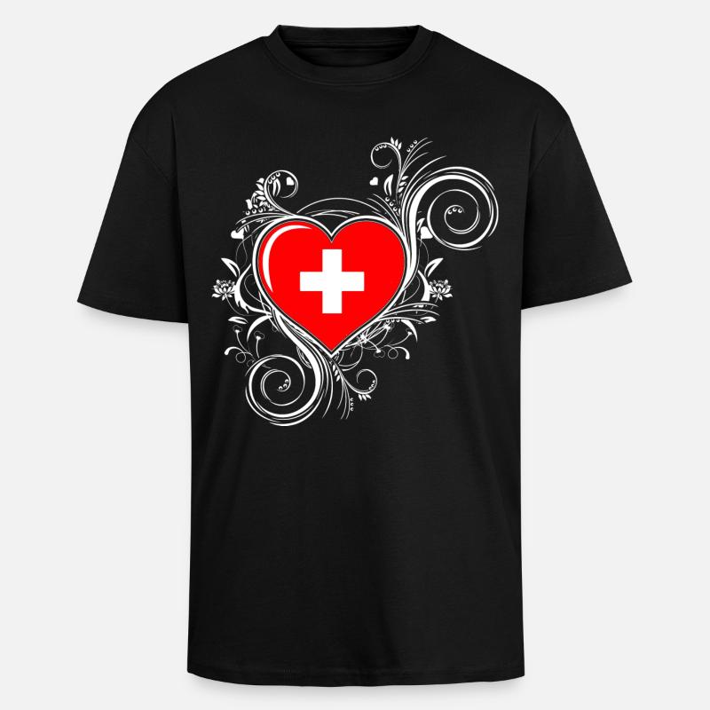 Schweiz - Herz - Oversized Heavyweight Unisex T-Shirt - Schwarz
