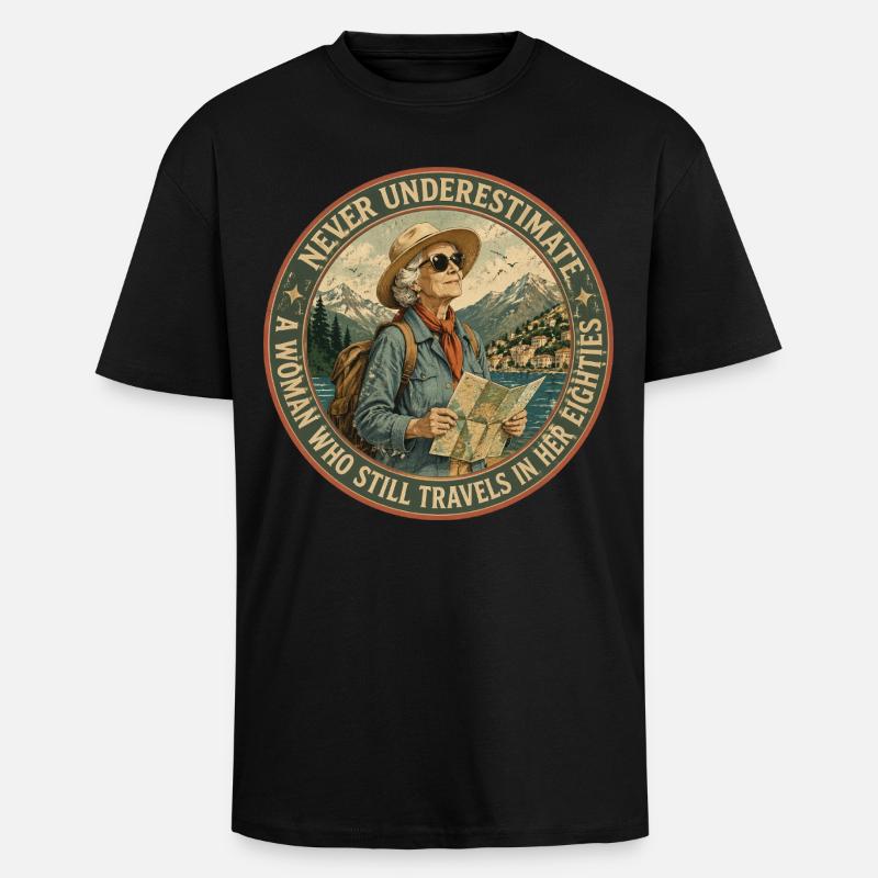 Baroudeuse de 80 ans : L'Aventure Continue - T-shirt unisexe oversize épais - noir