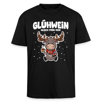Glühwein gleich früh rein süßer Elch - Oversized Heavyweight Unisex T-Shirt - Schwarz - Vorne - Alina (178cm) & Michal (187cm)