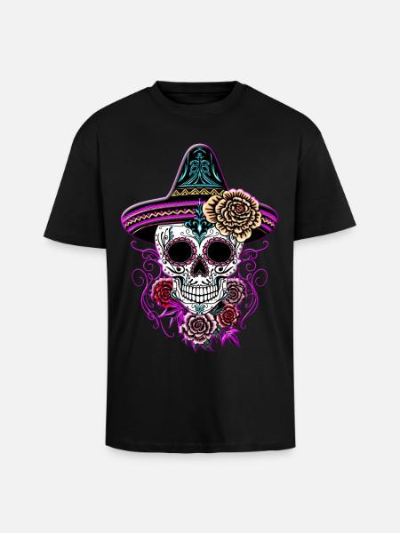 Sugar Skull Halloween Roses Sombrero - Unisex Oversized Heavyweight T-shirt - black