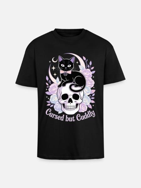 Cursed and Cuddly: Cat Skull - Unisex Oversized Heavyweight T-shirt - black