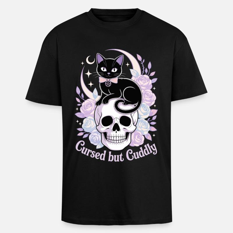 Maudit et câlin : Crâne de chat - T-shirt unisexe oversize épais - noir
