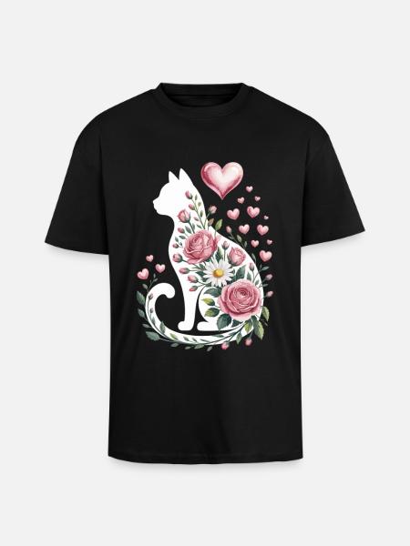 Fleur Chat Silhouette Roses Coeurs - T-shirt unisexe oversize épais - noir
