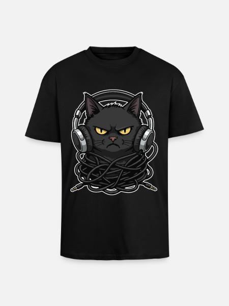 Cable Chaos Cat Music Headphones - Unisex Oversized Heavyweight T-shirt - black