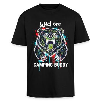 Wilder Campingkumpel Grizzlybär - Oversized Heavyweight Unisex T-Shirt - Schwarz - Vorne - Alina (178cm) & Michal (187cm)