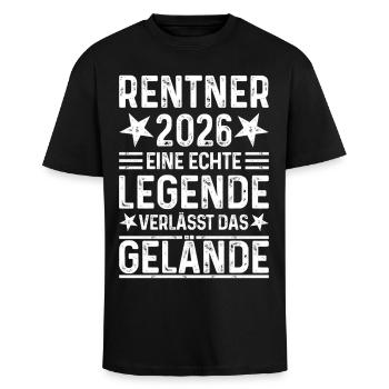 Rentner 2026 - Eine Legende verlässt das Gelände - Oversized Heavyweight Unisex T-Shirt - Schwarz - Vorne - Alina (178cm) & Michal (187cm)