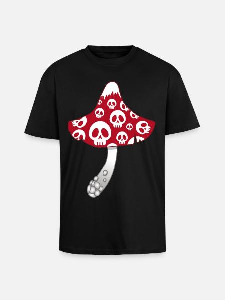 Red Mushroom with White Skulls - Unisex Oversized Heavyweight T-shirt - black