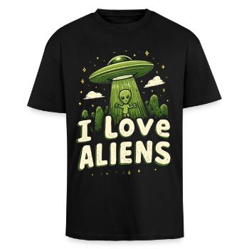 Jeg elsker rumvæsner - Unisex oversized heavyweight t-shirt - sort - Foran - Alina (178cm) & Michal (187cm)