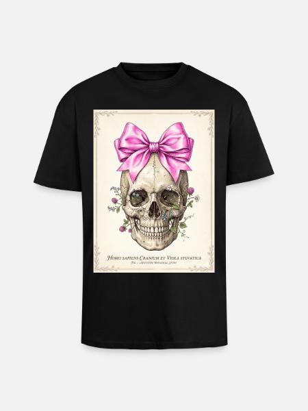 Crâne fleuri et nœud rose - T-shirt unisexe oversize épais - noir