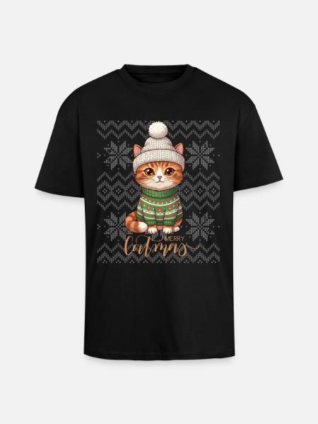 Kitten Christmas Knit Cozy - Unisex Oversized Heavyweight T-shirt - black