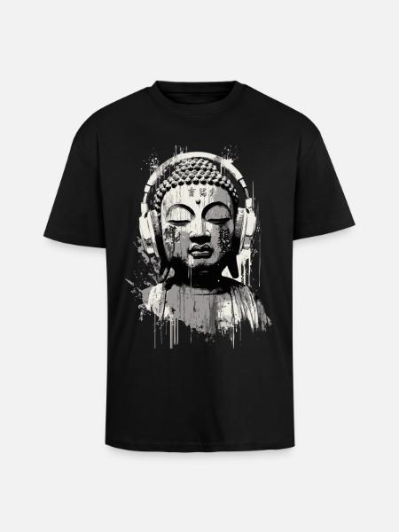 Buddha with Headphones Zen Art - Unisex Oversized Heavyweight T-shirt - black
