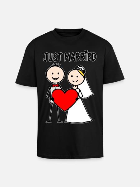 Bruidspaar Cartoon Heart Net Getrouwd - Unisex oversized T-shirt van zware kwaliteit - zwart