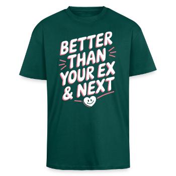 Better Than Your Ex & Next Breakup Single Party - Unisex Oversized Heavyweight T-shirt - hunter green - Front - Alina (178cm) & Michal (187cm)