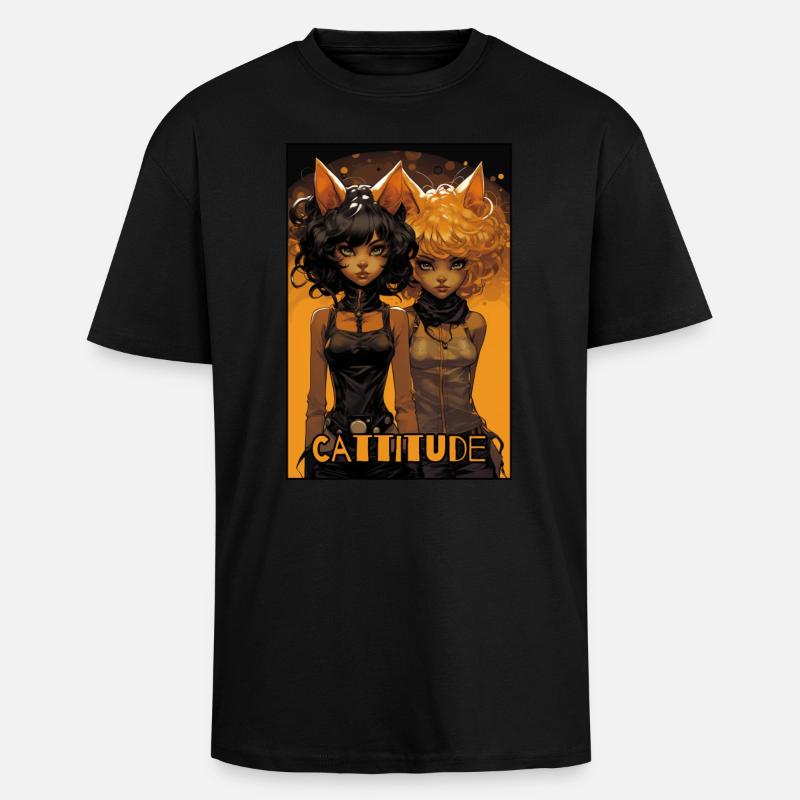 Cattitude: Zwei Katzenmädchen - Oversized Heavyweight Unisex T-Shirt - Schwarz