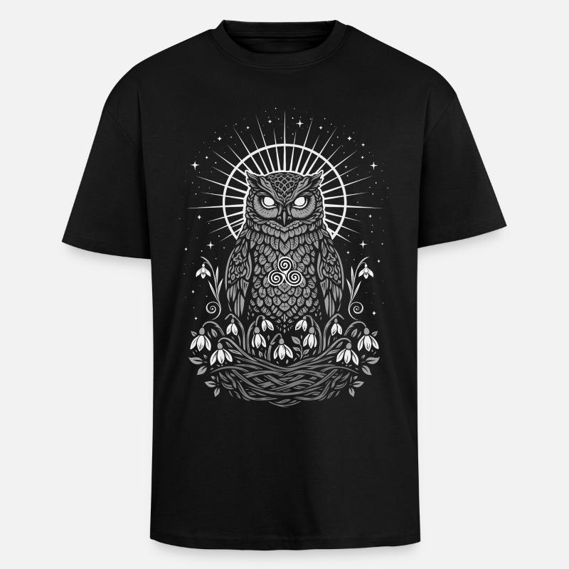 Imbolc Owl with Triskele and Snowdrops - Unisex Oversized Heavyweight T-shirt - black
