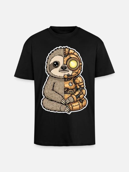Sloth Cyborg Steampunk Mechanical Gold - Unisex Oversized Heavyweight T-shirt - black