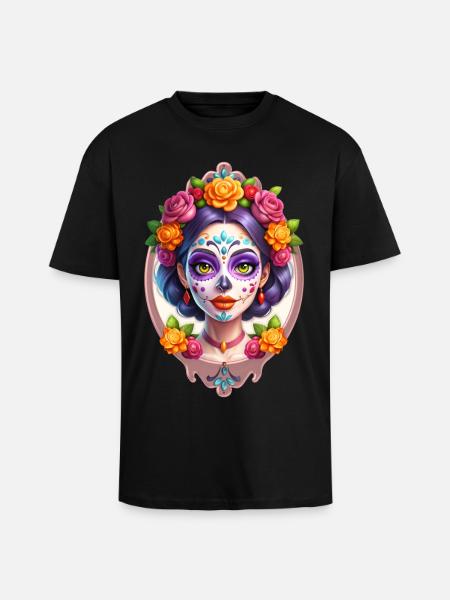 Mexican Dia de Muertos Sugar skull - Unisex Oversized Heavyweight T-shirt - black