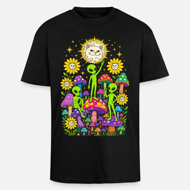 Aliens et Champignons Arcenciel - T-shirt unisexe oversize épais - noir