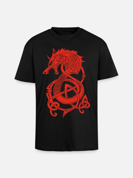 Dragon-loup viking (rouge) - T-shirt unisexe oversize épais - noir