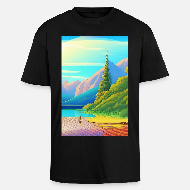 Landschaft mit See, Boot und Berge - Oversized Heavyweight Unisex T-Shirt - Schwarz