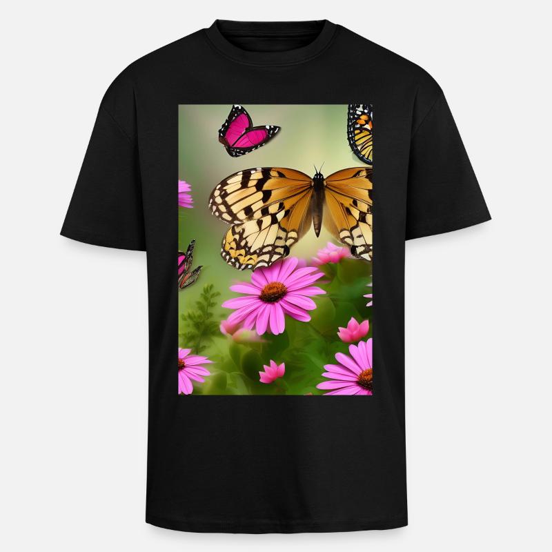 Blumen und Schmetterling - Oversized Heavyweight Unisex T-Shirt - Schwarz