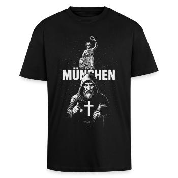 Mönch von München - Oversized Heavyweight Unisex T-Shirt - Schwarz - Vorne - Alina (178cm) & Michal (187cm)
