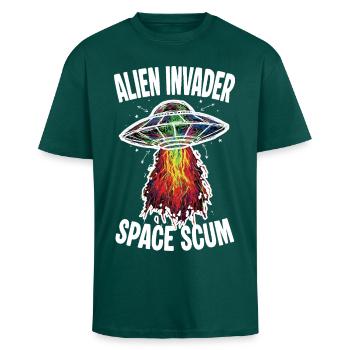 UFO Alien Invader Space Scum Scribble - Unisex Oversized Heavyweight T-shirt - hunter green - Front - Alina (178cm) & Michal (187cm)