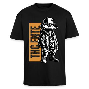 Duckin High – Urban Duck Art THC Ente - Unisex Oversized Heavyweight T-shirt - black - Front - Alina (178cm) & Michal (187cm)