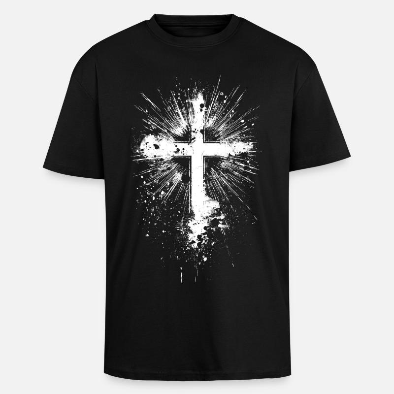 Croix blanche éclaboussée de peinture - T-shirt unisexe oversize épais - noir