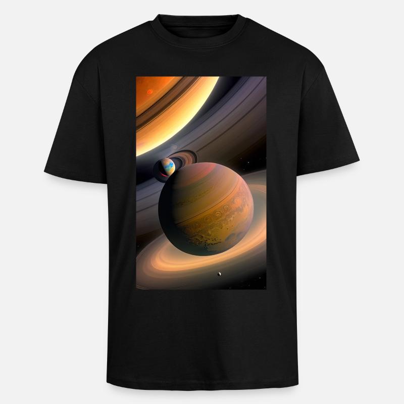 Celestial Ringed Planets Artwork - Unisex Oversized Heavyweight T-shirt - black
