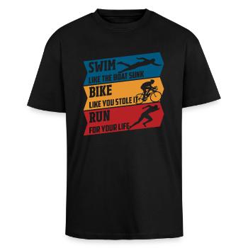 Swim - Bike - Run - Unisex Oversized Heavyweight T-shirt - black - Front - Alina (178cm) & Michal (187cm)