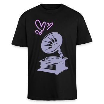 Musik Vintage Grammophon - Oversized Heavyweight Unisex T-Shirt - Schwarz - Vorne - Alina (178cm) & Michal (187cm)