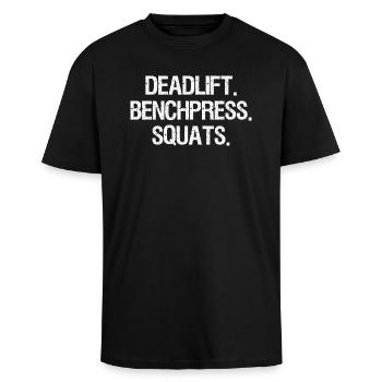Deadlift Benchpress Squats – Gym Power Shirt - Oversized Heavyweight Unisex T-Shirt - Schwarz - Vorne - Alina (178cm) & Michal (187cm)