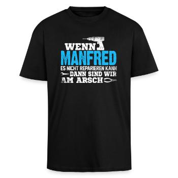 MANFRED - kann es reparieren - Oversized Heavyweight Unisex T-Shirt - Schwarz - Vorne - Alina (178cm) & Michal (187cm)