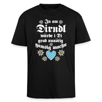 In am Dirndl würde i Di grod unnötig gamsig machn - Oversized Heavyweight Unisex T-Shirt - Schwarz - Vorne - Alina (178cm) & Michal (187cm)