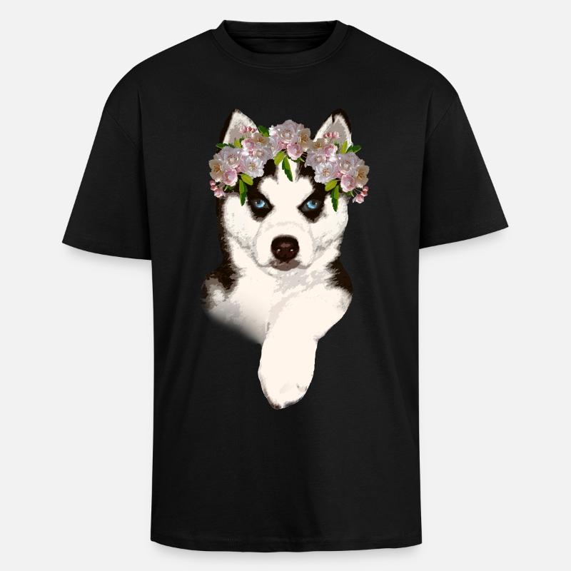 Husky avec couronne de fleurs - T-shirt unisexe oversize épais - noir