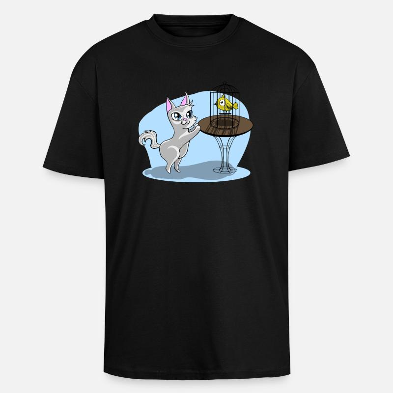 Katze mit Vogel - Oversized Heavyweight Unisex T-Shirt - Schwarz