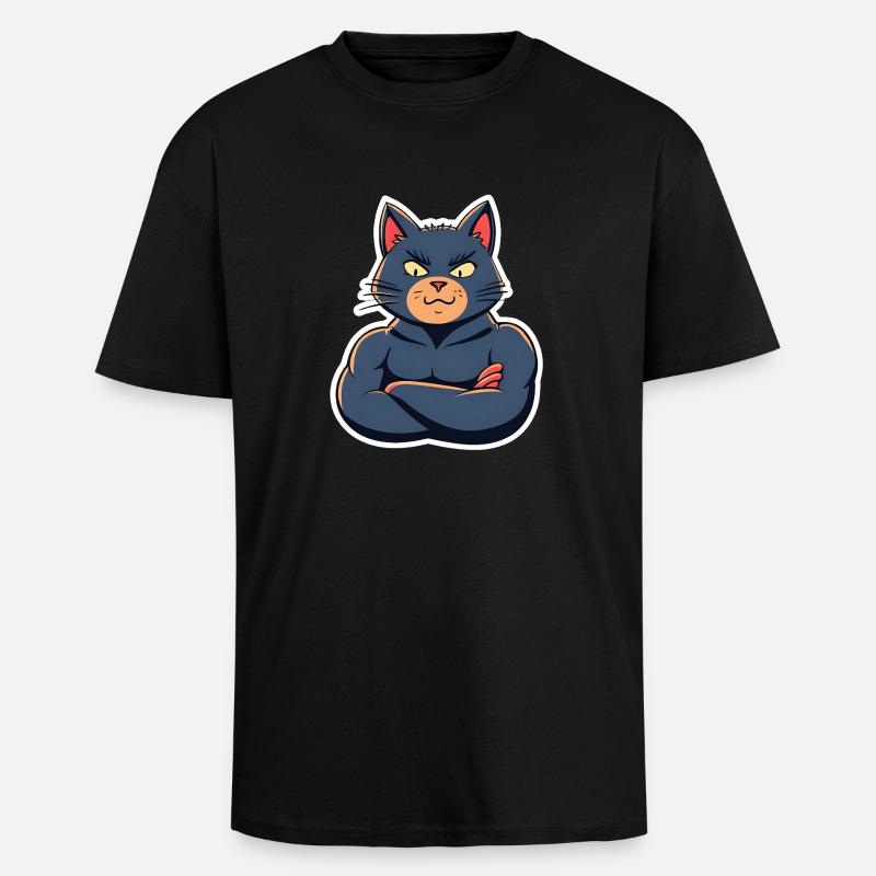 Cat with Muscles-Funny Comic Design - Unisex Oversized Heavyweight T-shirt - black