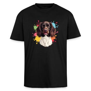 Kleiner Münsterländer mit Farbspritzern - Oversized Heavyweight Unisex T-Shirt - Schwarz - Vorne - Alina (178cm) & Michal (187cm)