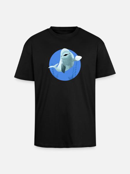 Beluga cheerful in blue circle - Unisex Oversized Heavyweight T-shirt - black