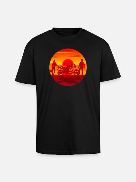 Couple and Motorcycle at sunset - Unisex Oversized Heavyweight T-shirt - black