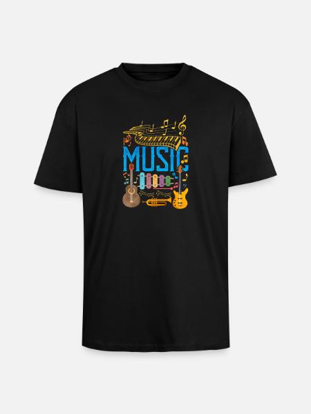 Farverig musikinstrumentcollage | Musik Kærlighed - Unisex oversized heavyweight t-shirt - sort